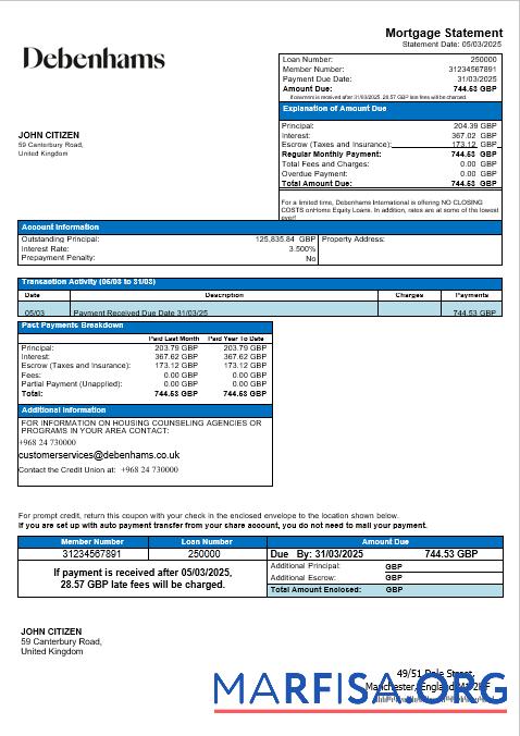Printable United Kingdom Debenhams mortgage statement in Word and PDF formats template